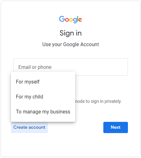 Create Free Gmail Account Making Options for My Self, Business, Child